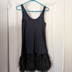 Theory Jocelyn dress, with ostrich feather trim. Viscose/Spandex body.